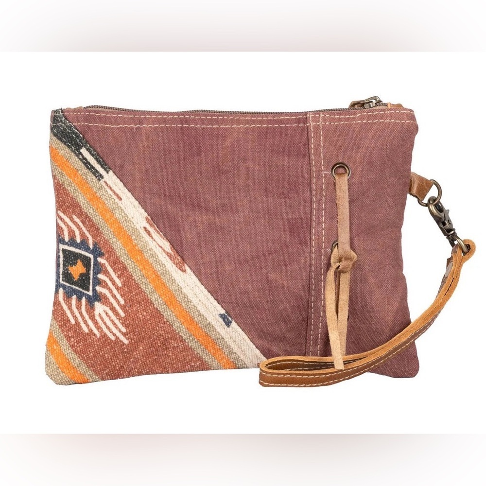 NWT Genuine Leather, Canvas and Rug Wristlet Boho Aztec Tribal Bag Clutch - Picture 8 of 9